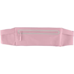 A pink sports running belt bag with a zip pocket and adjustable straps. It features a subtle branding logo.