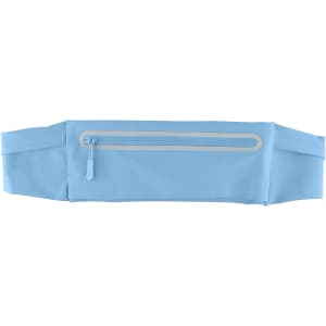 A light blue sports running belt bag with a zippered pocket and adjustable straps. Features a logo.