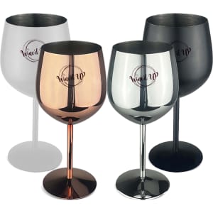 A set of Bella stainless steel wine glasses in silver, rose gold, and black, featuring a logo on each glass.