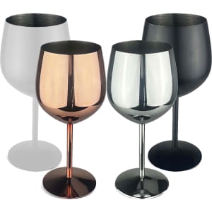Four Bella stainless steel wine glasses in silver, rose gold, black, and white, with a polished finish and sleek design.