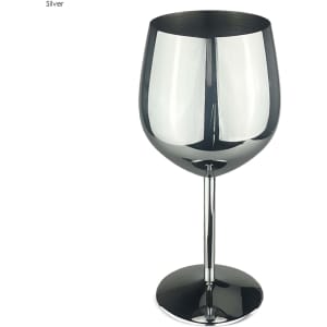 A stainless steel wine glass in a shiny silver finish, featuring a sleek design and a sturdy base.