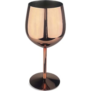 A stainless steel wine glass in a rose gold finish with a sleek, modern design and a pedestal base.