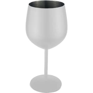 A stainless steel wine glass with a matte white exterior and a shiny silver interior. It features a stem and base.
