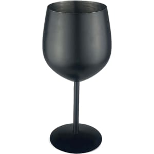 A stainless steel wine glass in matte black, featuring a sleek design with a round base and long stem.
