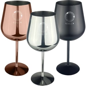 A set of stainless steel wine glasses in rose gold, silver, and black, featuring a logo on each glass.