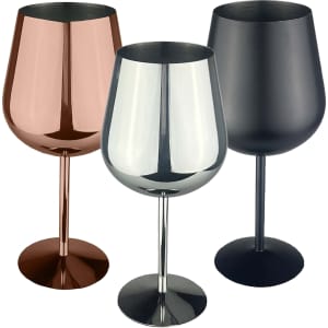 A set of three stainless steel wine glasses in rose gold, silver, and black finishes, featuring a sleek design and stems.