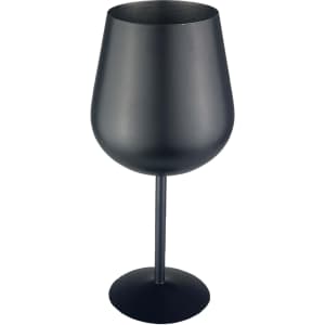 A stainless steel wine glass in matte black, featuring a wide bowl and a slender stem. It has a simple logo.