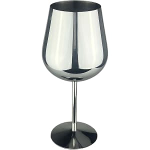 A stainless steel wine glass with a shiny silver finish and a tall stem. The design is sleek and modern.