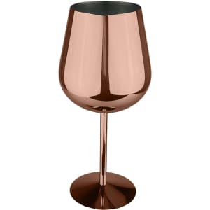 A stainless steel wine glass in a shiny rose gold finish with a modern, sleek design.