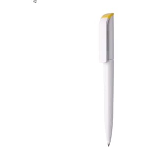A plastic pen in white with a yellow accent cap, featuring a logo on its body.