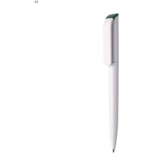 A plastic pen in white with a green clip and a branding logo on its side.