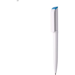 A plastic pen in white with a blue cap. It features a logo on its body.