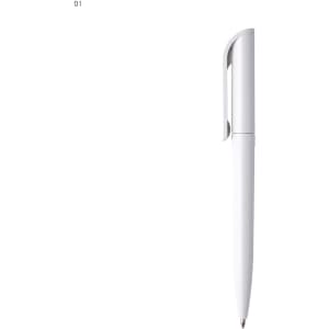 A plastic pen in white with a sleek design and a clip. Features branding on the body.