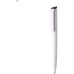 A white plastic pen with a sleek design and a clip at the top. It features a logo on the body.