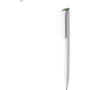 A plastic pen in white with a green top. It features a logo on the barrel.