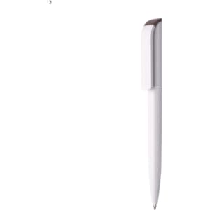 A plastic pen in white with a sleek design and a cap, featuring a logo on the side.