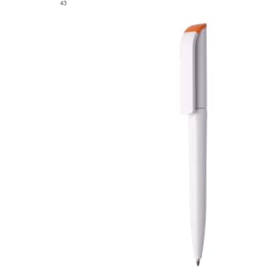 A plastic pen in white with an orange cap and a branding logo.