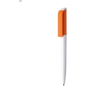 A white plastic pen with an orange clip, featuring a logo on the barrel.
