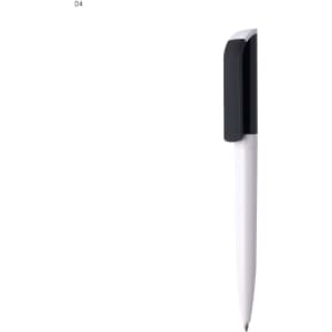 A plastic pen with a white body and a black cap, featuring a branding logo.