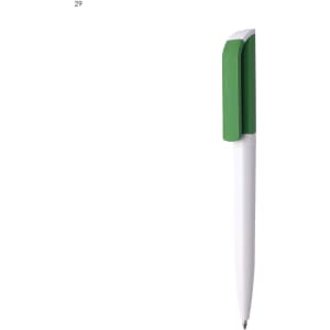 A plastic pen featuring a green and white design, with a logo on the barrel.
