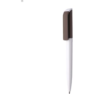 A plastic pen featuring a white barrel and a brown clip, with a logo on the barrel.