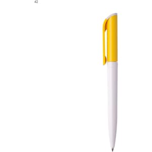 A plastic pen with a white barrel and a bright yellow cap, featuring a logo on the barrel.