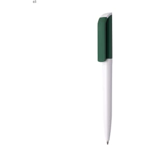 A plastic pen featuring a green clip and a white barrel, with a logo on its surface.