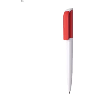 A plastic pen with a white body and a red grip, featuring a logo on the side.