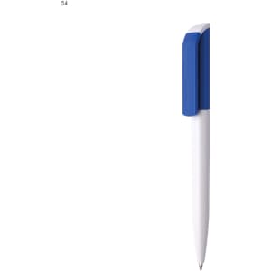 A plastic pen in white with a blue clip. The pen features a logo on the clip.