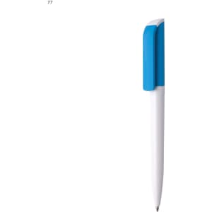 A plastic pen with a white barrel and a blue grip, featuring a logo on the grip.