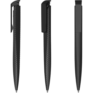 A set of three black plastic pens with a sleek, glossy finish and clip features.