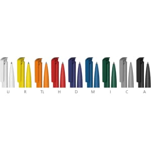 A collection of plastic pens in various colours including white, yellow, orange, red, blue, green, and black, featuring a logo.