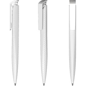 A sleek white plastic pen with a textured grip and a silver clip, featuring a modern design.