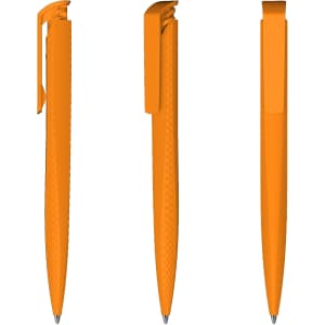 An orange plastic pen with a textured grip, featuring a clip and a smooth writing tip, displayed from three angles.