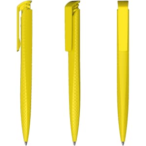 A bright yellow plastic pen with a textured grip and clip, viewed from three angles. It features a branding logo.