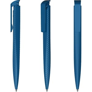 A blue plastic pen with a textured grip and a clip, displayed from three angles. It features branding on the body.