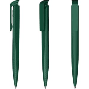 A green plastic pen with a textured grip, showing three different angles and a logo on the side.