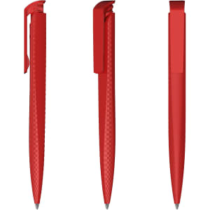 A set of three red plastic pens with a high gloss finish and pocket clips, featuring a textured design.