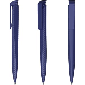 A set of three plastic pens in a deep navy blue, showing different angles and featuring a logo.