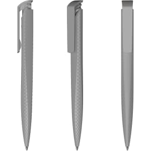 A grey plastic pen with a sleek design, featuring a clip and a textured grip. It has a branding logo on the side.
