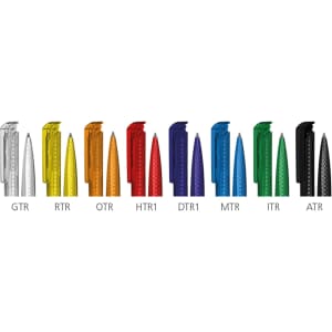A collection of plastic pens in various colours, including silver, orange, yellow, red, purple, blue, green, and black. Each pen features a logo.