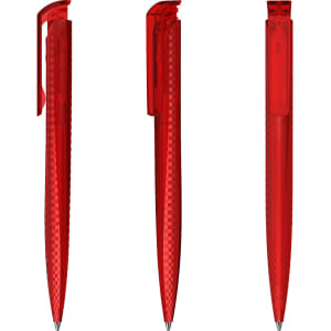 A set of three red plastic pens, featuring a sleek design and a clip for easy attachment.