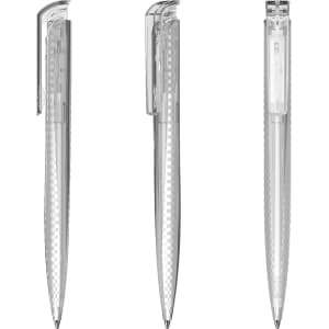 A transparent plastic pen with a sleek design, featuring a clip and a distinctive pattern on the barrel.