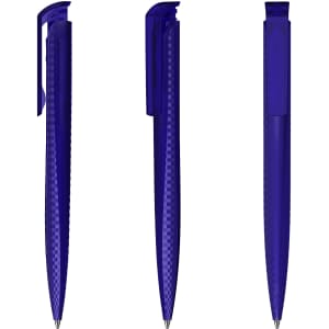 A collection of three transparent purple plastic pens with clips and sleek designs. Each has a distinct angle.
