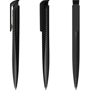 A sleek black plastic pen with a stylish design, featuring a logo and a curved clip.