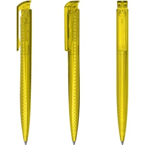 A transparent yellow plastic pen with a sleek design, featuring a clip and a visible mechanism.
