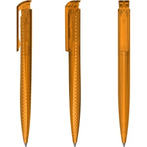 An orange transparent plastic pen displayed from three angles, featuring a clip and a visible inner mechanism.