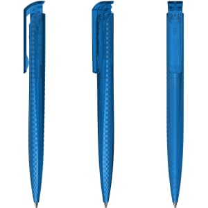A transparent blue plastic pen with a sleek design, featuring a clip and smooth barrel. It has a branded logo.