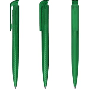 A set of three transparent green plastic pens with clips, featuring a sleek design and a shiny finish.