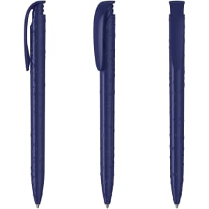 A set of three navy blue plastic pens featuring different angles, with a logo on the side of each pen.
